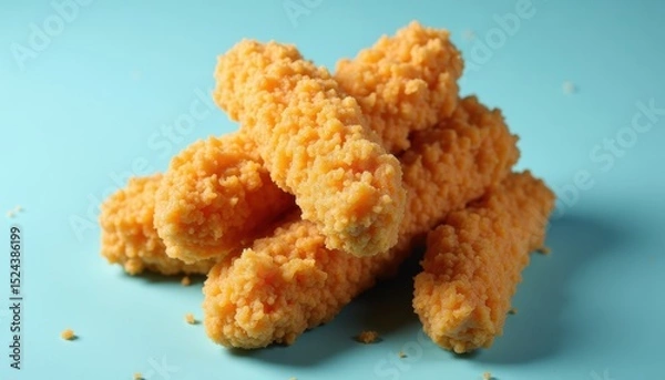Fototapeta Stack chicken fingers in top view on blue background