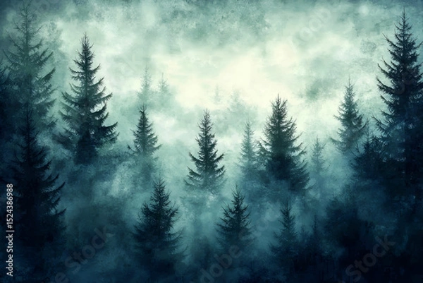 Fototapeta A misty enchanted forest with dark pine trees fading into heavy fog, twilight atmosphere