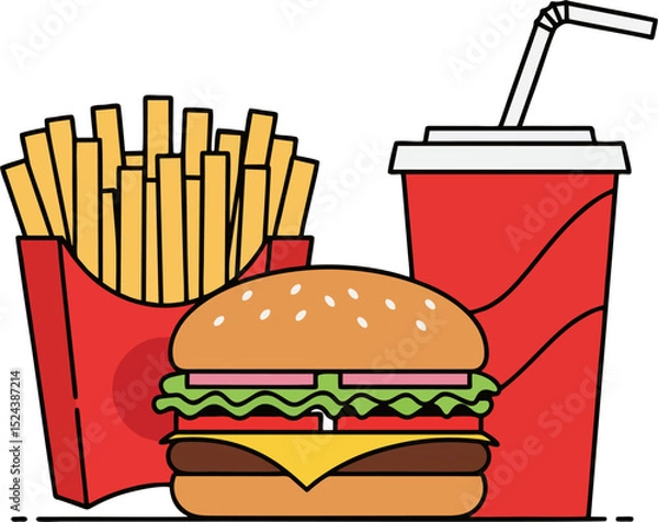 Fototapeta Flat Vector Fast Food Combo with Burger, French Fries, and Soda in Red Packaging