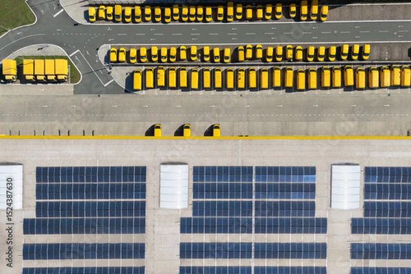 Fototapeta Delivery vans hub with solar panel on a roof. Fleet of yellow post vehicles