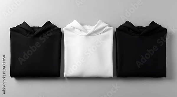 Obraz Three folded hoodies in black and white displayed on a soft gray background
