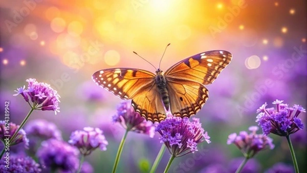 Fototapeta A delicate butterfly perches on a purple violet flower, its wings spread wide in a serene and peaceful gesture, with soft sunlight filtering through the petals , flowerfield, calm