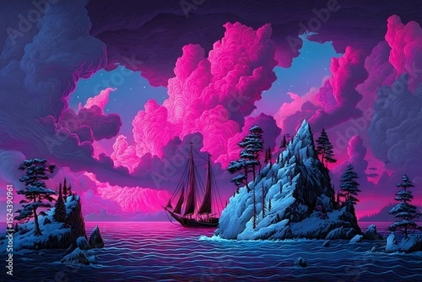 Obraz A sailboat sails through a neon-lit sea, approaching a mystical island under a vibrant sky filled with swirling colors.