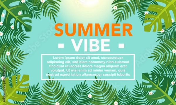 Fototapeta Summer Vibe poster design with placeholder text for your text, tropical leaves and sunlight on a blue background