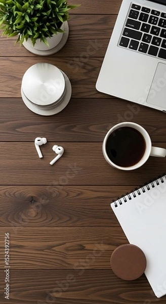 Obraz Workspace arrangement featuring laptop coffee earbuds notepad and plant on wooden surface