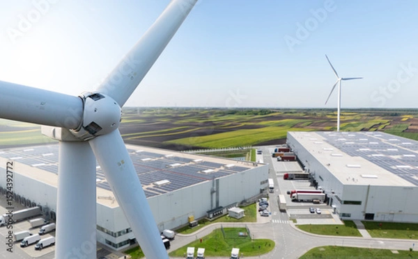Fototapeta Wind turbine on a background of logistics centers with solar panels on roofs