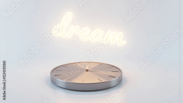 Fototapeta glowing neon dream sign floats sleek metallic clock face stark white background illuminated soft ethereal morning