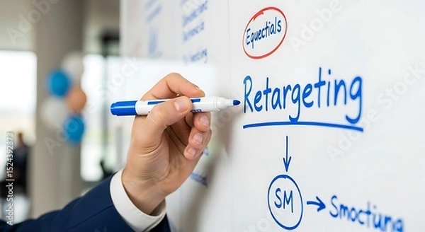Obraz A person writing retargeting strategy on a whiteboard with blue marker