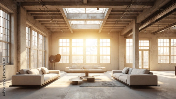 Fototapeta minimalist industrial loft features sleek sofas minimalist coffee tables ceiling illuminated warm