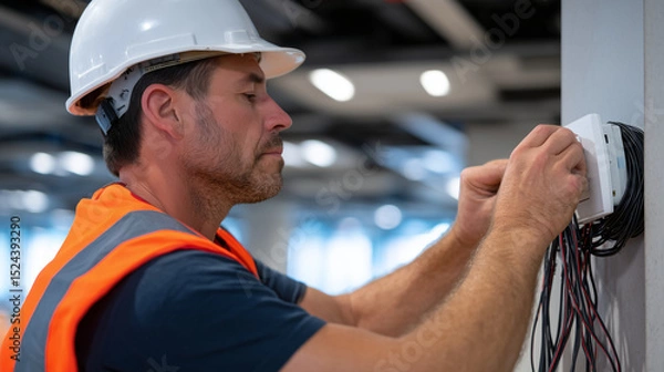 Fototapeta Fire alarm installation in progress: worker attaches wiring to a smoke detector base, cables neatly organized, high-tech control panel mounted on nearby wall in a modern building