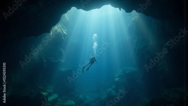 Fototapeta scuba diver glides vast underwater cavern surrounded ethereal light rays piercing darkness casting shimmering shadows