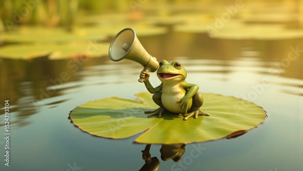 Fototapeta smiling frog perches lily pad megaphone ready bathed soft warm sunlight ripples serene water reflected behind