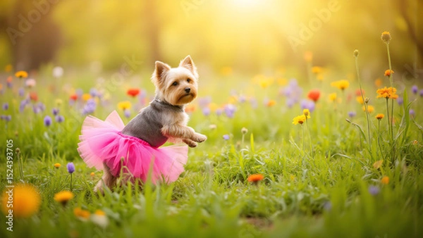 Fototapeta small fluffy yorkshire terrier wearing bright pink tutu stands alone lush green meadow ablaze vibrant wildflowers warm