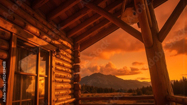 Fototapeta warm golden light casts long shadows across weathered wooden beams rustic mountain lodge stands serene fiery orange sky
