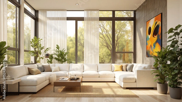 Fototapeta warm inviting living room bathed soft natural light spilling windows showcasing modern sectional sofa amidst
