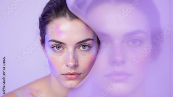 Fototapeta woman vibrant multicolored face reflected calm dewy skin gazes away serene backdrop soft natural