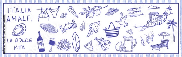 Obraz Amalfi coast summer vacation set with lemons, seafood, wine, and seaside lifestyle reflecting La Dolce Vita spirit. Vector illustration in hand-drawn crayon style.