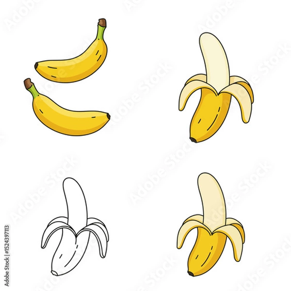 Obraz Cartoon bananas. Peel banana, yellow fruit and bunch of bananas. Tropical fruits, banana snack or vegetarian nutrition. Isolated vector illustration icons set