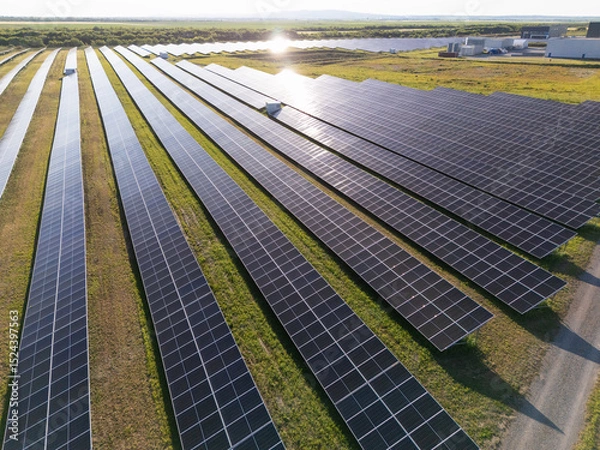 Fototapeta Aerial view of solar power station with energy storage