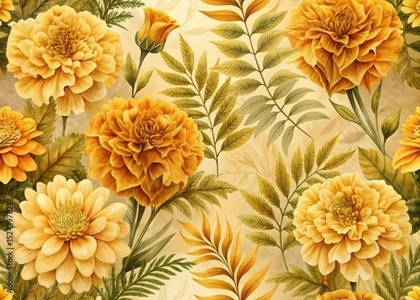 Obraz Watercolor seamless pattern golden marigolds and foliage