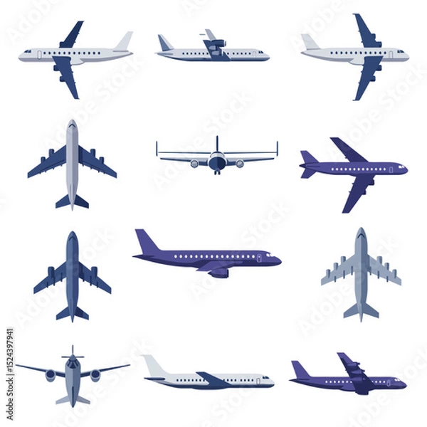 Obraz Plane vector icon set. Flying up airplane sign. Paper plane flat and line style. Travel aircraft route graphic elements isolated on white background. Vector illustration.