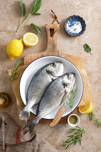 Fototapeta Fresh raw sea bream fish or dorado fish with lemon and herbs, top view