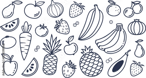 Fototapeta Fruit berry vegetable food line icon vector set.  minimalist vector illustration featuring a large collection of outlined fruits and vegetables.