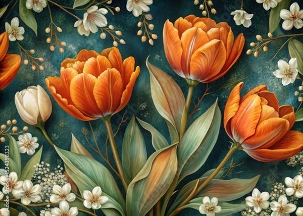 Obraz Orange tulips and white flowers on teal background