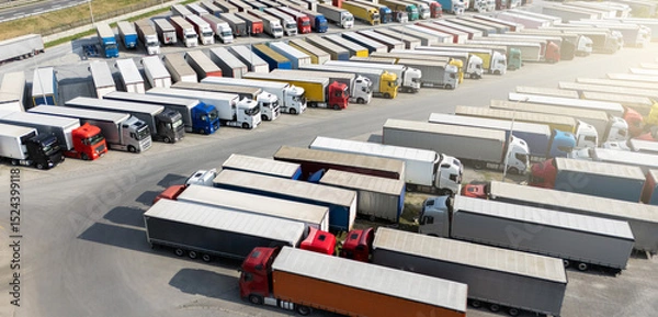 Fototapeta Aerial view of a large truck parking lot at a logistics hub, with multiple commercial semi trucks parked in organized rows