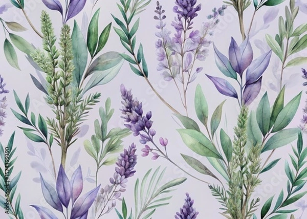 Obraz Watercolor lavender and greenery seamless pattern
