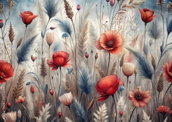 Obraz Red poppies and dried grasses botanical painting