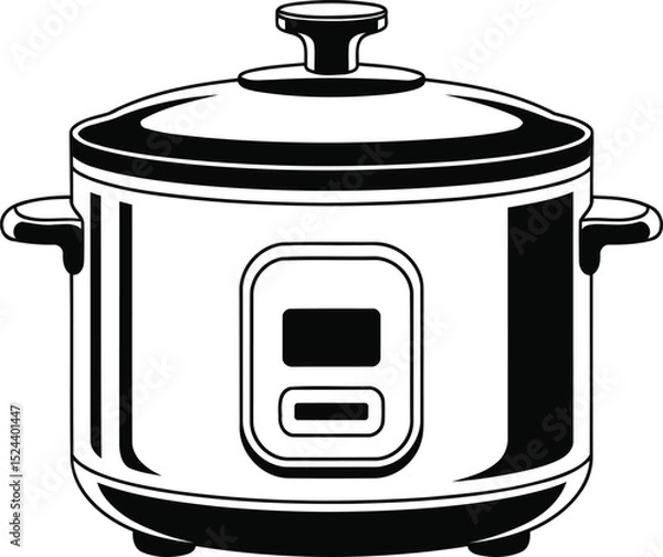 Obraz "Black and White Vector Illustration of a Modern Electric Rice Cooker with Side Handles and Control Panel"