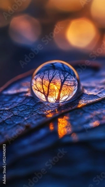 Fototapeta A water droplet, magnified, rests on a leaf.  A miniature world, a sunset, captured within, reflecting a silhouette of trees