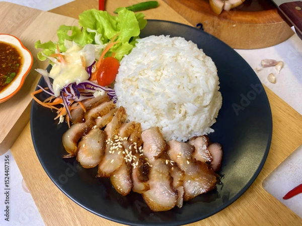 Fototapeta Appetizing Thai grilled pork neck with sesame seeds served with steamed jasmine rice and fresh salad including lettuce, purple cabbage, carrot, and cherry tomato. Presented on a black plate with spicy