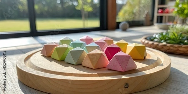 Obraz Pastel geometric wooden blocks on round tray educational toys montessori learning resources kids play objects