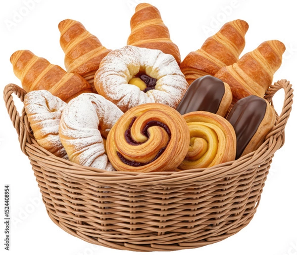 Fototapeta Basket with fresh croissants and bakery on transparent background, sweet breakfast