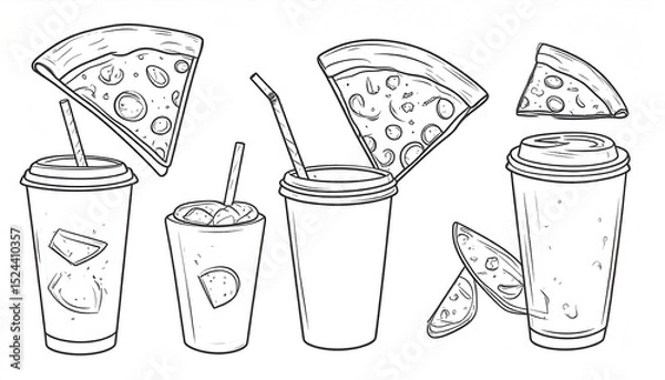 Obraz Line art depicting three disposable cups, some with pizza slices falling into them, and separate pizza slices.  The cups appear to contain beverages with ice