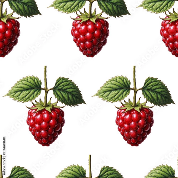 Fototapeta Seamless Pattern with Realistic, Hand-Drawn Vintage Style Raspberries.