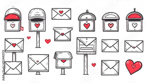 Obraz A collection of hand-drawn mailboxes and envelopes, adorned with hearts, suggesting a Valentine's Day theme.  Various styles and sizes are depicted in a simple, charming sketch style