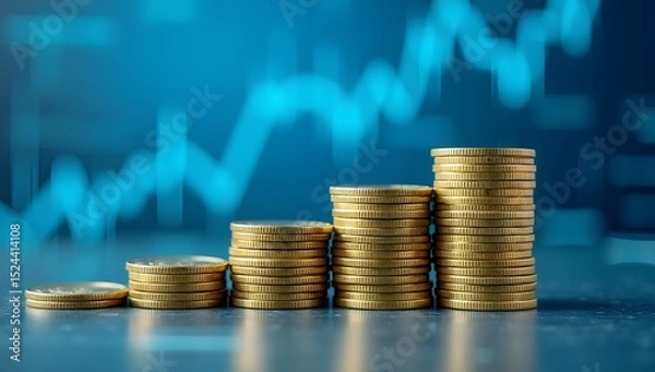Obraz Financial Growth: A captivating close-up shows a steady upward trend in wealth, represented by stacks of golden coins against a blurred background with a dynamic line chart.