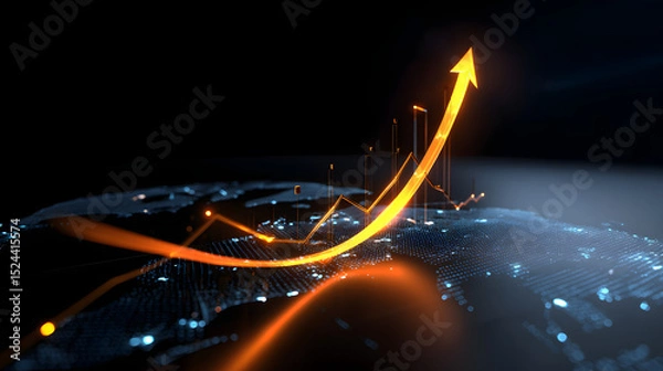 Fototapeta A glowing orange arrow rises above a digital world map, symbolizing global growth, progress, and upward trends.