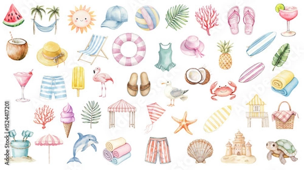 Obraz Summer Vacation Elements Create Happy Memories Tropical Beach Accessories Offer Pure Relaxation