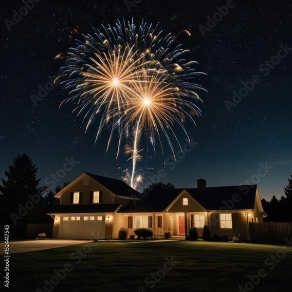 Fototapeta Fireworks explode over a suburban home at night.  A vibrant display of gold, blue, and white bursts illuminates the dark sky, contrasted by the warm glow of a residential house