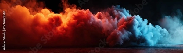 Fototapeta A vivid digital artwork showing a surreal nebula of red, orange, and blue smoke clouds over a dark ocean, blending fantasy and cosmic elements in vibrant contrast.