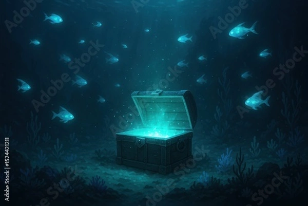 Fototapeta Mystical underwater treasure chest illuminated by glowing fishes in a serene ocean setting during twilight hours