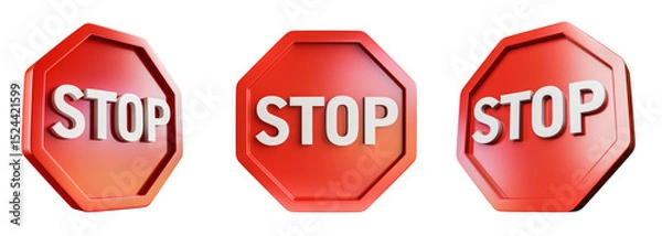 Fototapeta Stop sign set isolated on transparent background. 3D render.