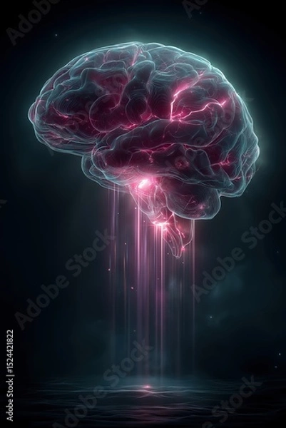 Fototapeta Futuristic glowing brain emitting neural light streams in a dark sci-fi space. Conceptual design for AI, innovation, deep thinking, and digital intelligence themes.