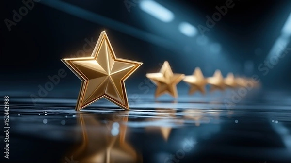 Fototapeta Golden star in sharp focus with others fading into the background on a glossy surface. Symbol of top rating, customer satisfaction, and premium quality