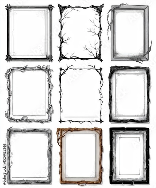 Fototapeta A collection of 9 hand-drawn fantasy and gothic-style frames with twisted branches and wood textures. Perfect for spooky, vintage, or mystical designs