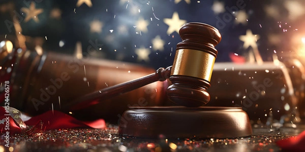 Fototapeta A wooden gavel sits on a wooden base in front of a red, white, and blue American flag